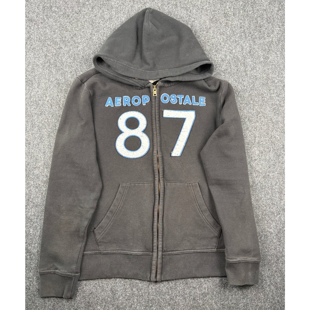 Y2K Aeropostale 87 Full Zip Hoodie Mens Medium Faded Black Applique Sweatshirt